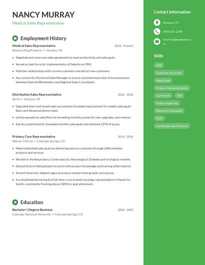 Medical Sales Representative Resume