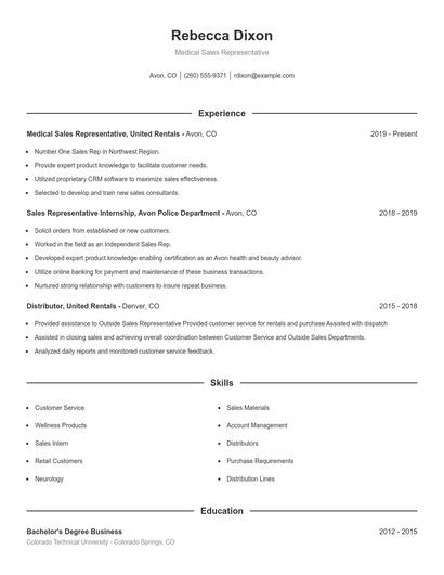 Medical Sales Representative Resume