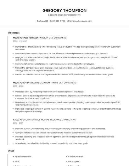 Medical Sales Representative Resume