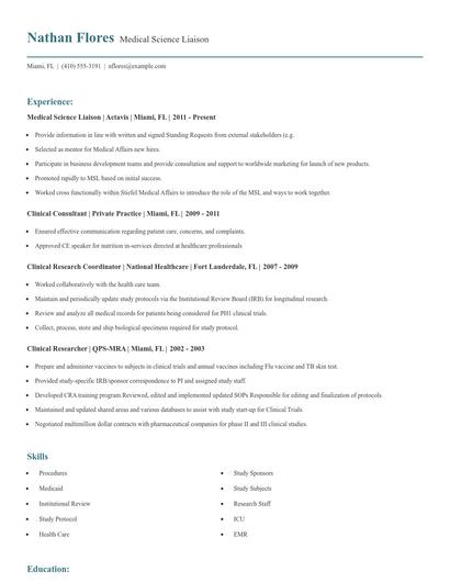 Medical Science Liaison Resume