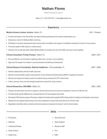 Medical Science Liaison Resume