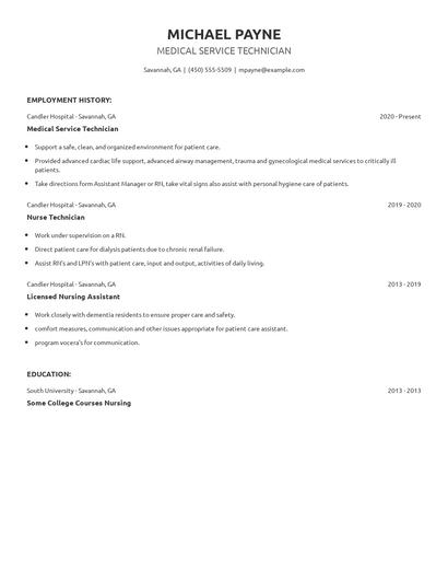 Medical Service Technician Resume