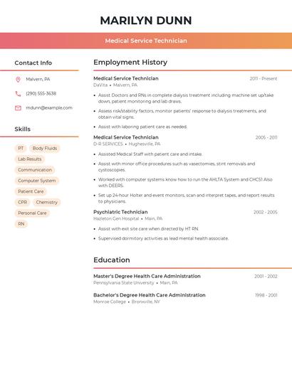 Medical Service Technician Resume