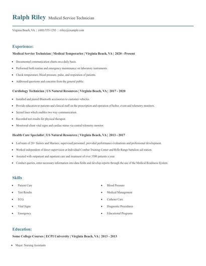 Medical Service Technician Resume