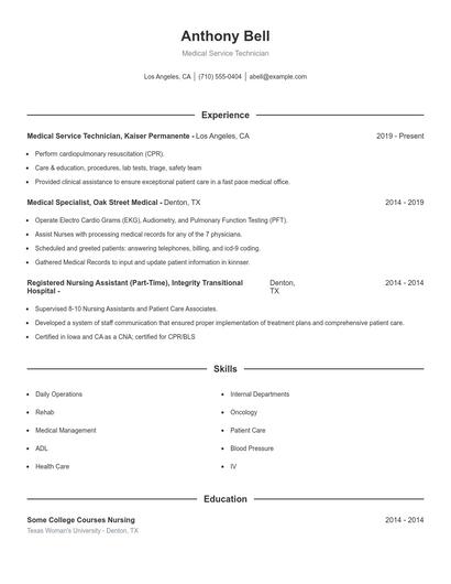 Medical Service Technician Resume