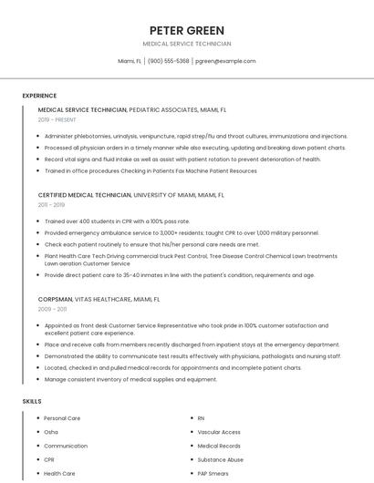 Medical Service Technician Resume