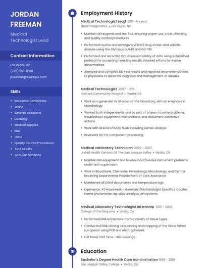 Medical Technologist Lead Resume