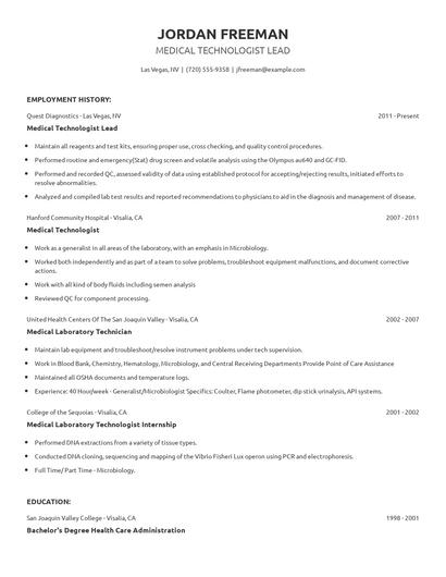 Medical Technologist Lead Resume