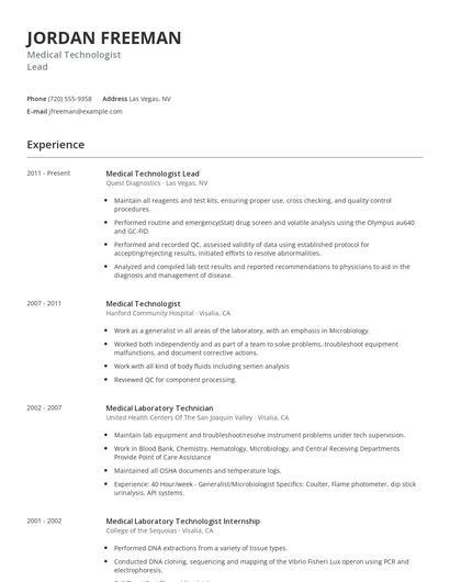 Medical Technologist Lead Resume