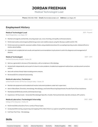 Medical Technologist Lead Resume