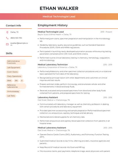 Medical Technologist Lead Resume