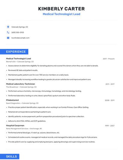 Medical Technologist Lead Resume