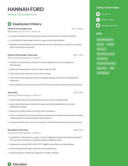 Medical Technologist Lead Resume