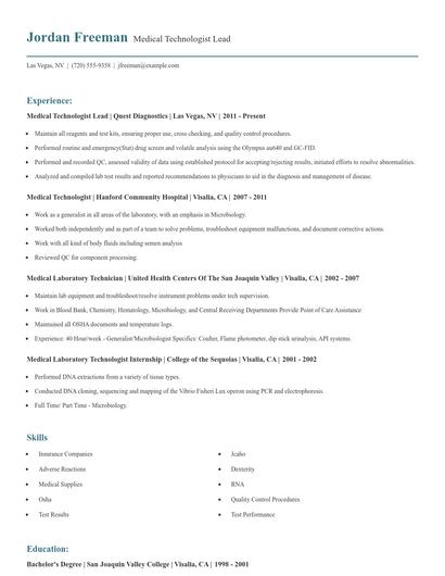 Medical Technologist Lead Resume