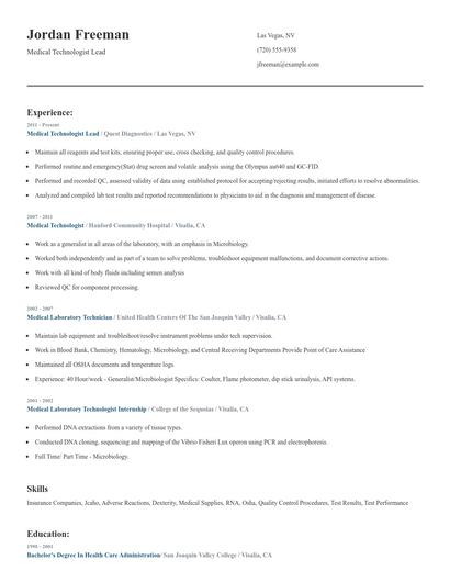 Medical Technologist Lead Resume