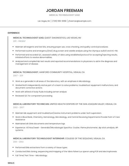 Medical Technologist Lead Resume