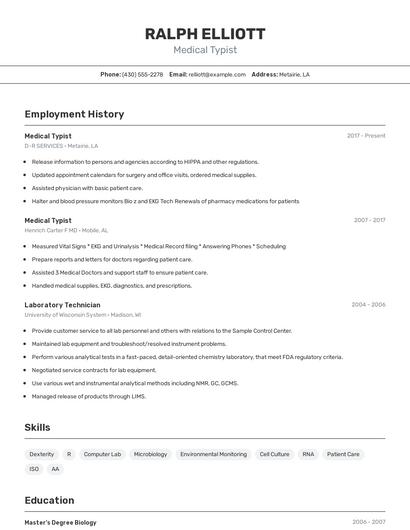 Medical Typist Resume