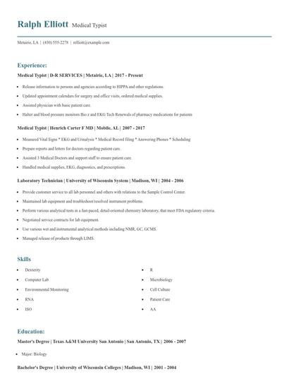 Medical Typist Resume