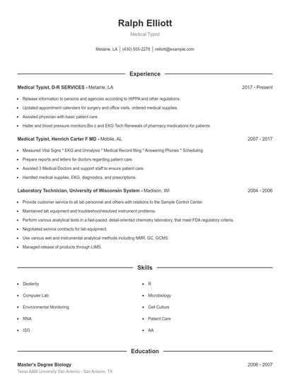 Medical Typist Resume