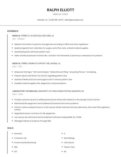 Medical Typist Resume