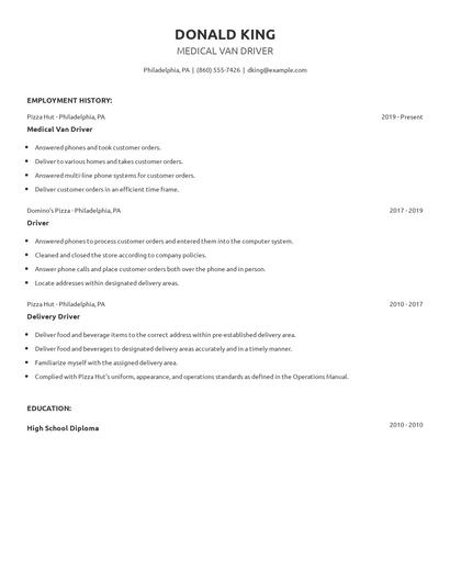 Medical Van Driver Resume