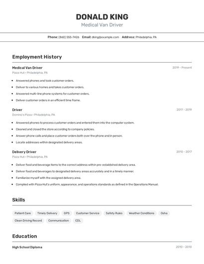 Medical Van Driver Resume