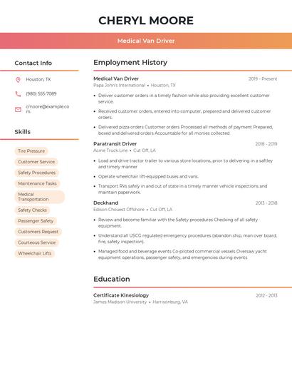 Medical Van Driver Resume