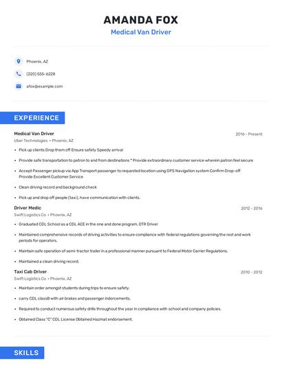 Medical Van Driver Resume