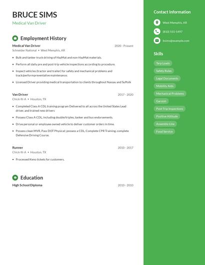 Medical Van Driver Resume