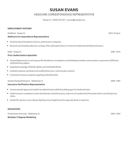 Medicare Correspondence Representative Resume