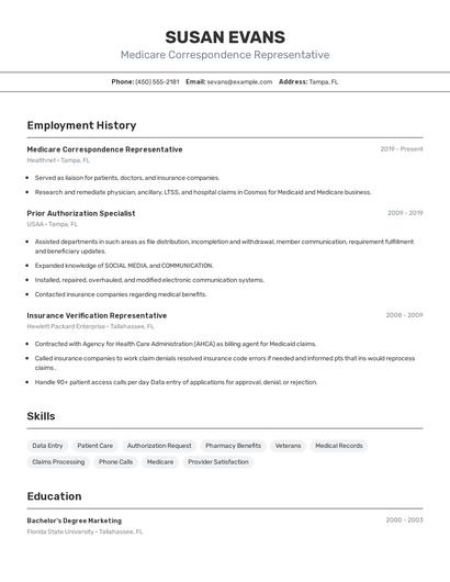 Medicare Correspondence Representative Resume