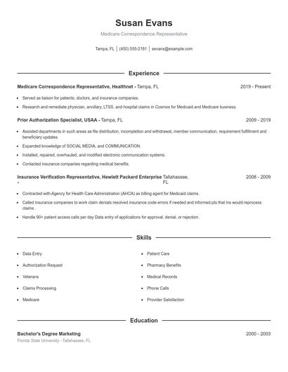Medicare Correspondence Representative Resume