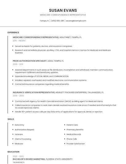Medicare Correspondence Representative Resume