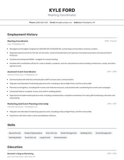 Meeting Coordinator Resume