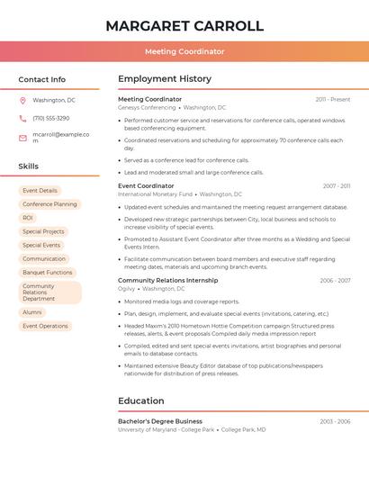 Meeting Coordinator Resume