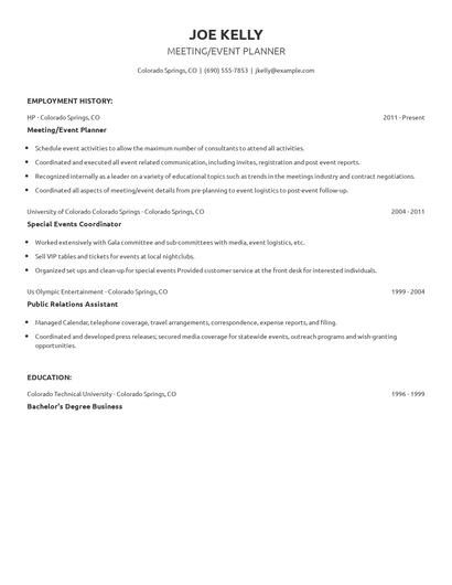 Meeting/Event Planner Resume