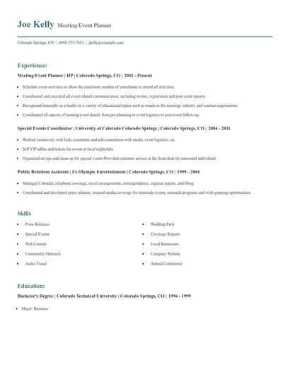 Meeting/Event Planner Resume