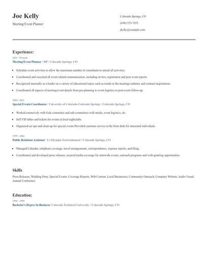 Meeting/Event Planner Resume