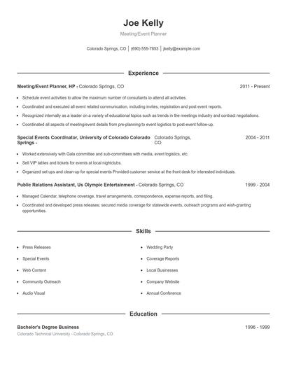 Meeting/Event Planner Resume