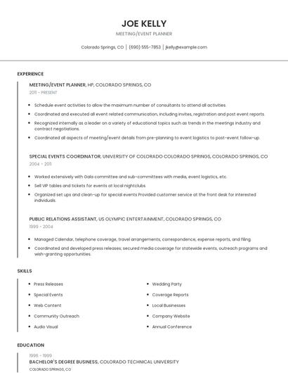 Meeting/Event Planner Resume