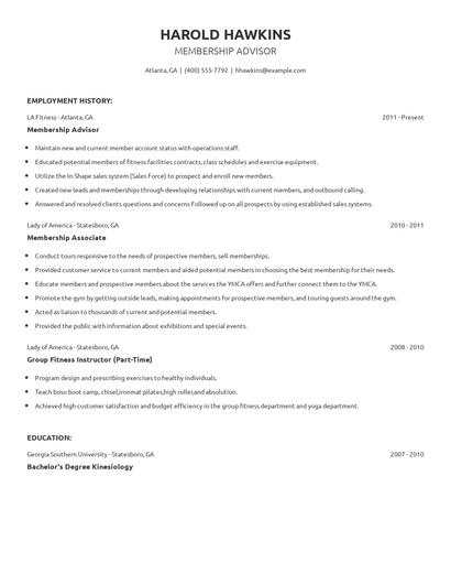 Membership Advisor Resume
