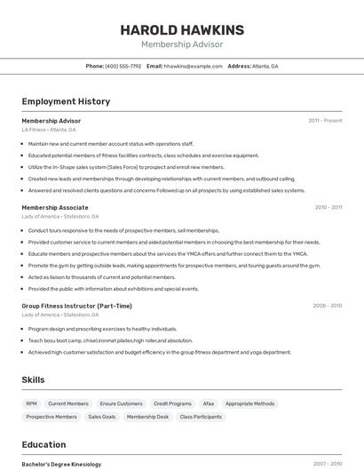 Membership Advisor Resume