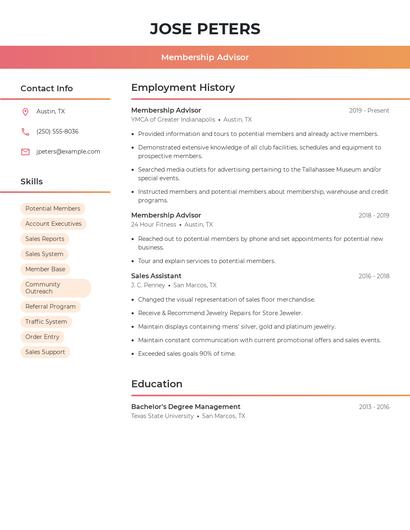 Membership Advisor Resume