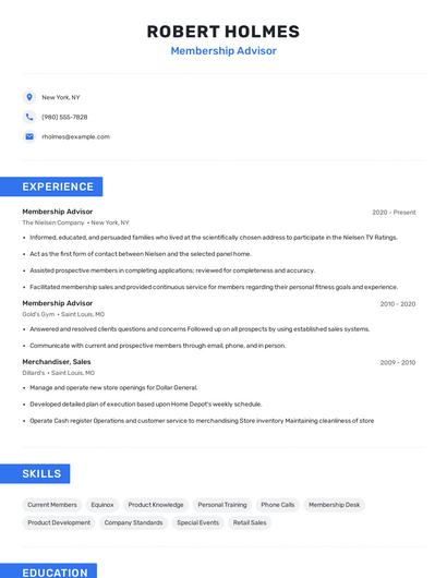 Membership Advisor Resume