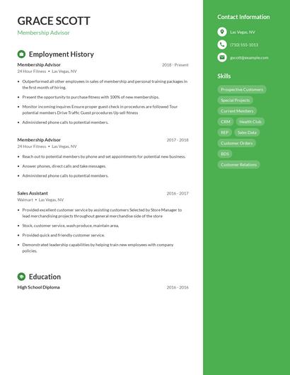 Membership Advisor Resume