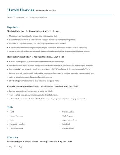 Membership Advisor Resume
