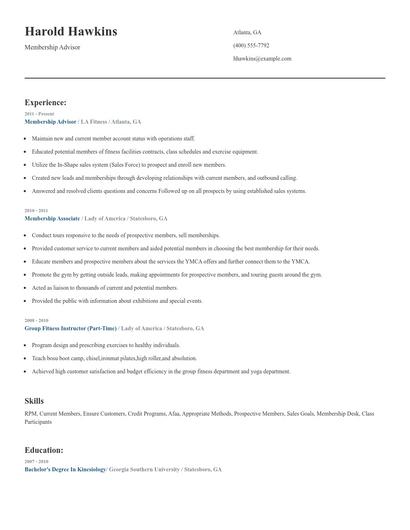 Membership Advisor Resume