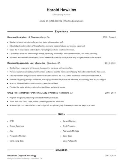 Membership Advisor Resume