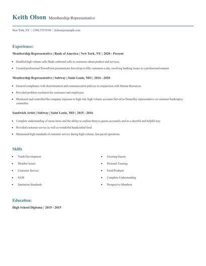 Membership Representative Resume