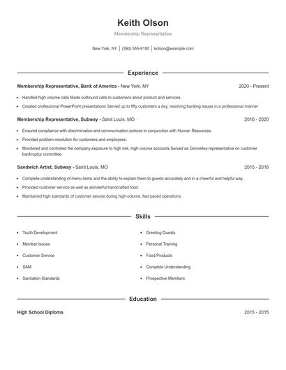 Membership Representative Resume